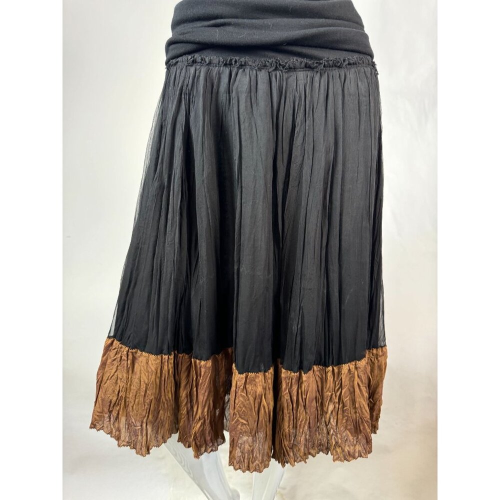 Donna Karan Collection Black & Bronze Tiered Silk Midi Skirt Womens S Foldover W